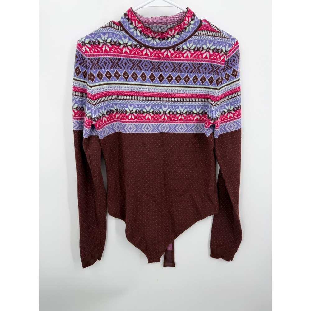 Free People Intimately Fair Isle Bodysuit Women Large Burgundy Mock Neck Knit